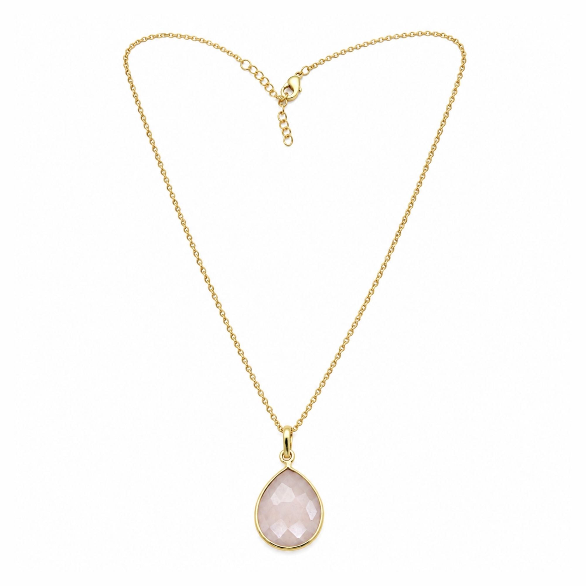 Rose Quartz Gemstone Pendant Necklace, Gold Plated Pear Shape Pendant, Lightweight Jewelry, Gift for Her
