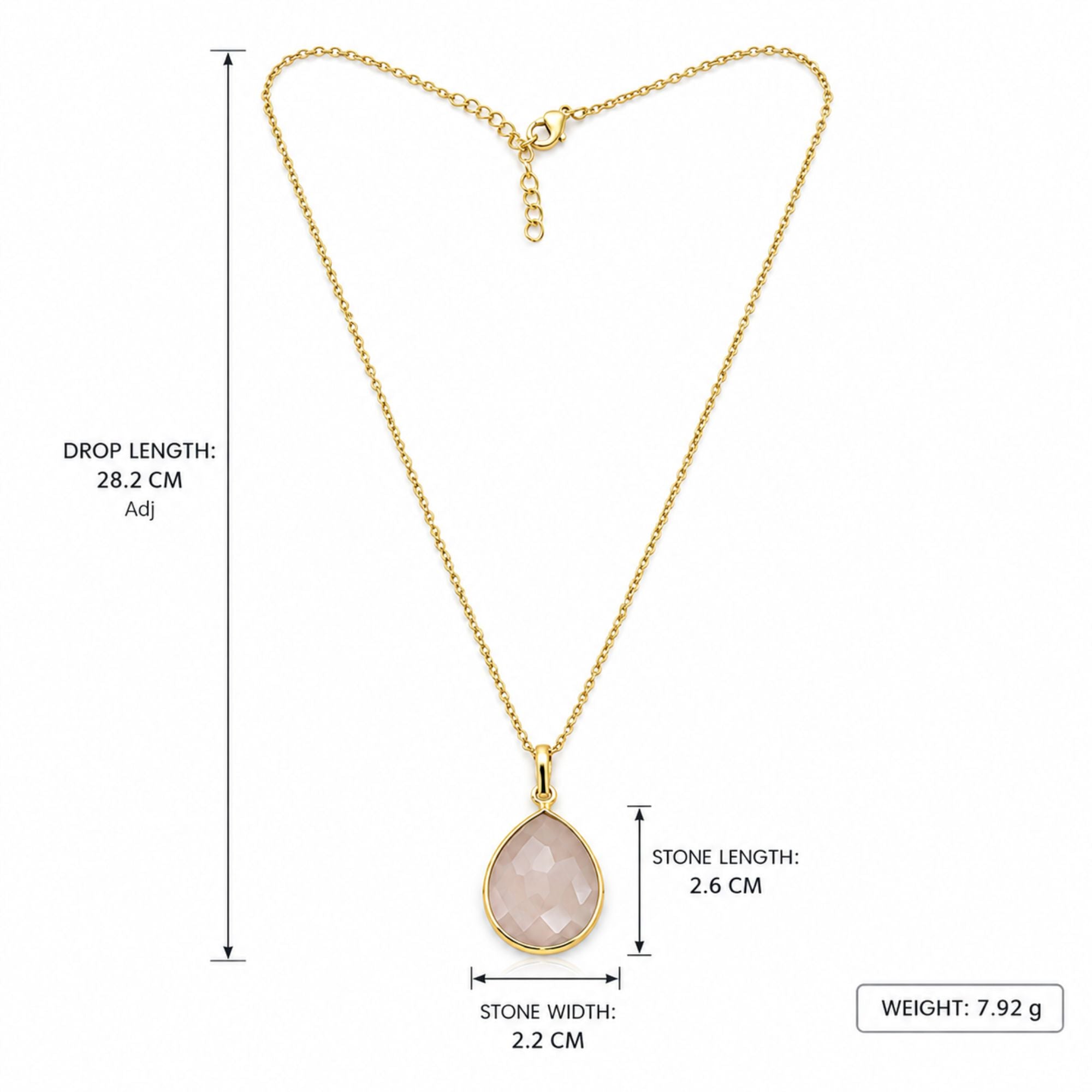 Rose Quartz Gemstone Pendant Necklace, Gold Plated Pear Shape Pendant, Lightweight Jewelry, Gift for Her