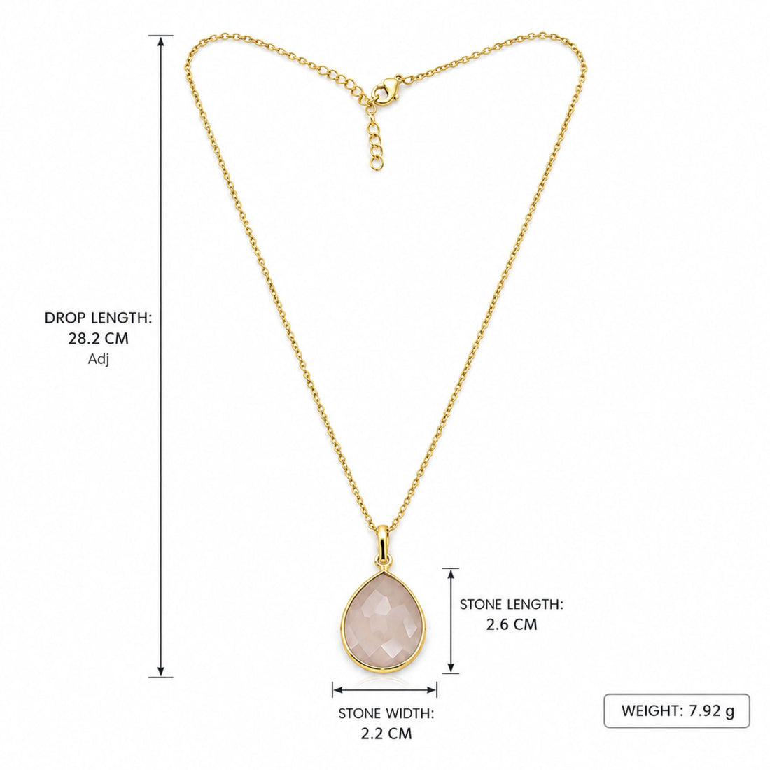Rose Quartz Gemstone Pendant Necklace, Gold Plated Pear Shape Pendant, Lightweight Jewelry, Gift for Her