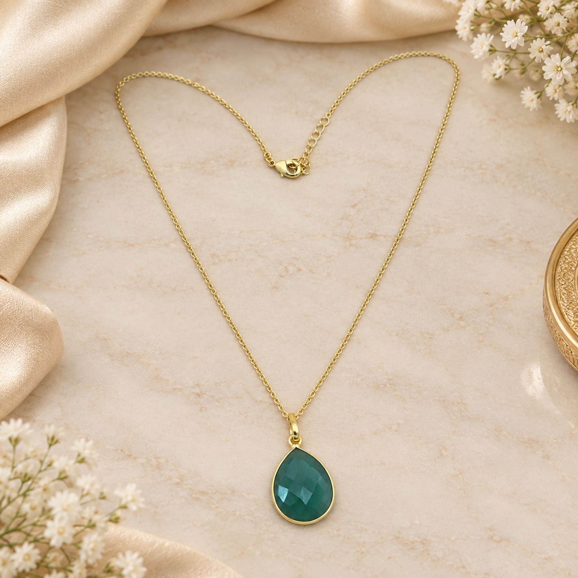 Green Onyx Gemstone Pendant Necklace, Gold Plated Pear Shape Pendant, Natural Stone Jewelry, Lightweight Statement Necklace, Gift for Her