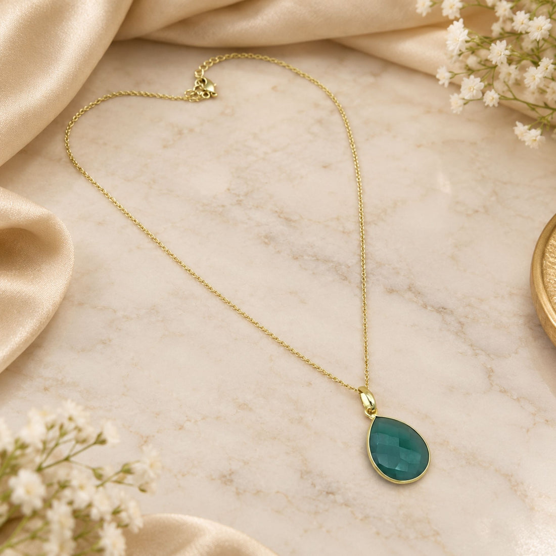 Green Onyx Gemstone Pendant Necklace, Gold Plated Pear Shape Pendant, Natural Stone Jewelry, Lightweight Statement Necklace, Gift for Her
