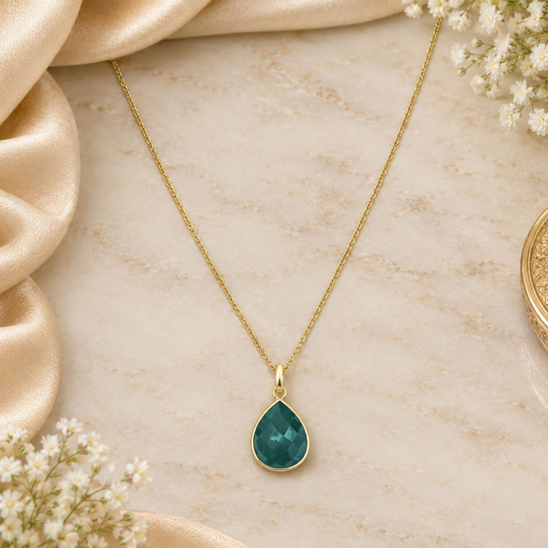 Green Onyx Gemstone Pendant Necklace, Gold Plated Pear Shape Pendant, Natural Stone Jewelry, Lightweight Statement Necklace, Gift for Her