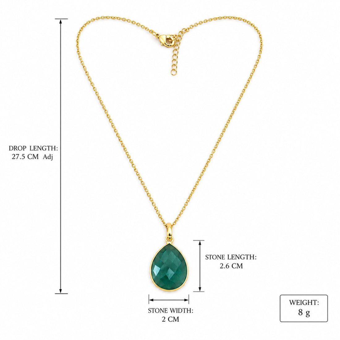 Green Onyx Gemstone Pendant Necklace, Gold Plated Pear Shape Pendant, Natural Stone Jewelry, Lightweight Statement Necklace, Gift for Her