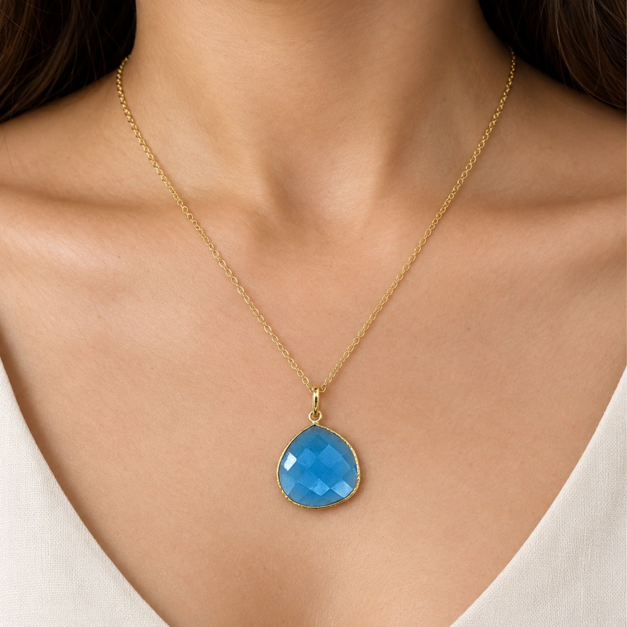 Gold Plated Blue Chalcedony Pendant Necklace, Pear Shape Gemstone Pendant, Lightweight Statement Jewelry, Gift for Her