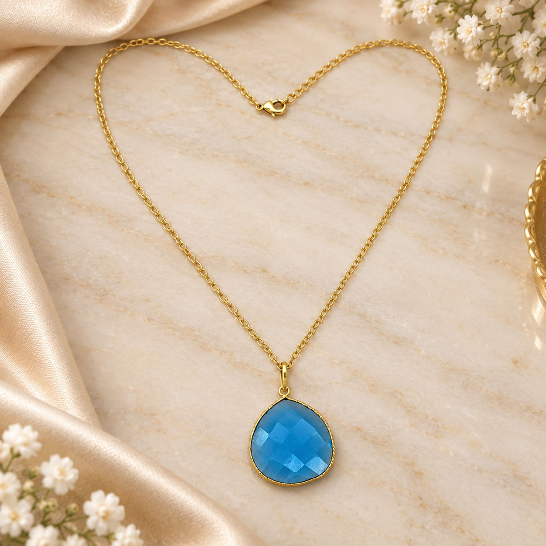 Blue Chalcedony Gemstone Necklace, Gold Plated Pear Shape Pendant, Natural Stone Jewelry, Lightweight Necklace, Gift for Her