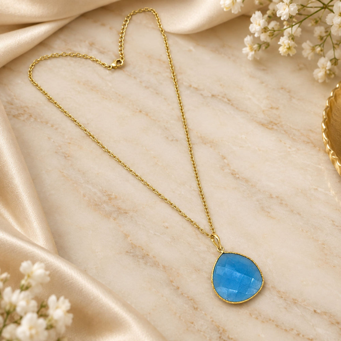 Gold Plated Blue Chalcedony Pendant Necklace, Pear Shape Gemstone Pendant, Lightweight Statement Jewelry, Gift for Her
