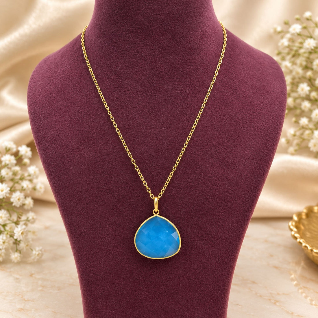 Gold Plated Blue Chalcedony Pendant Necklace, Pear Shape Gemstone Pendant, Lightweight Statement Jewelry, Gift for Her