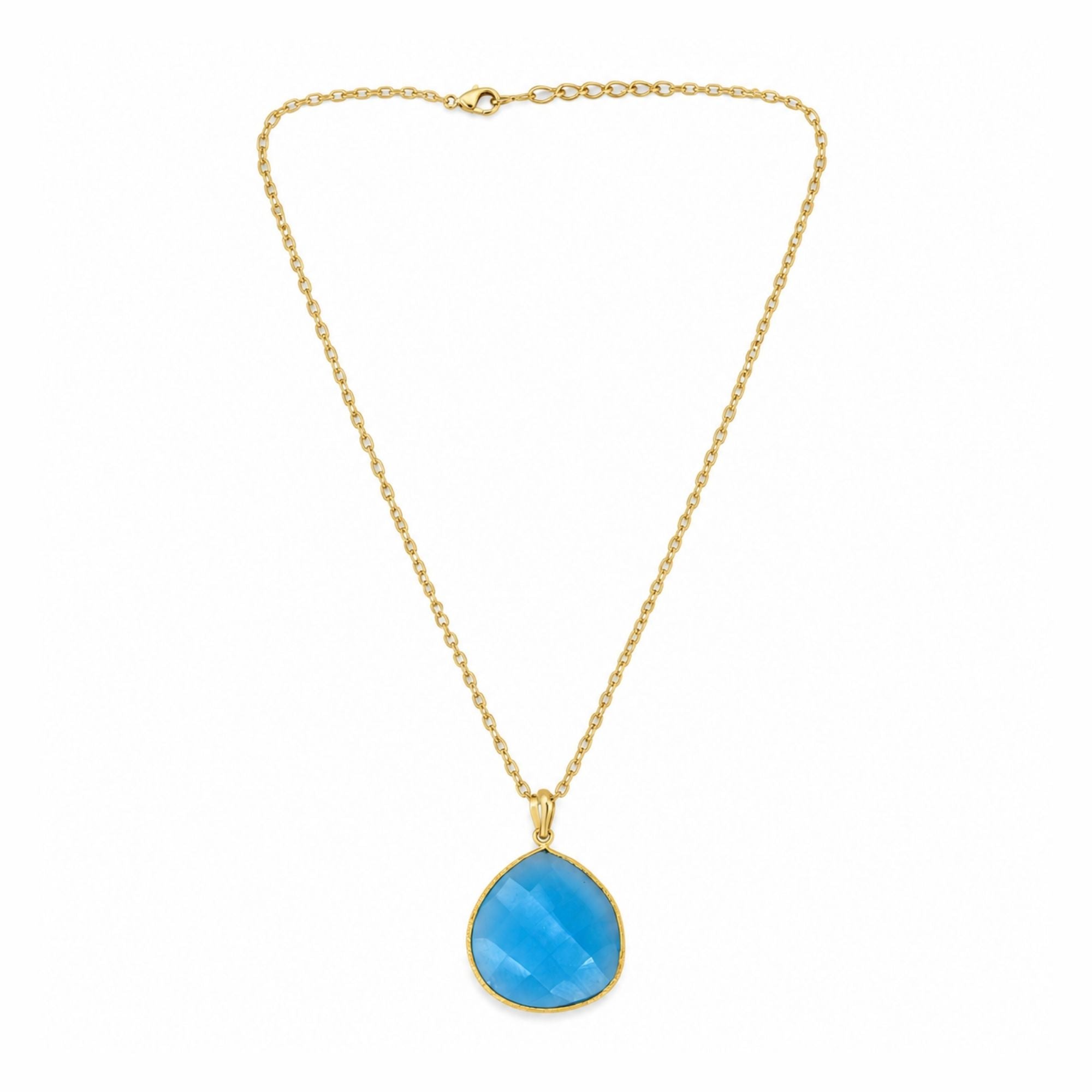 Blue Chalcedony Gemstone Necklace, Gold Plated Pear Shape Pendant, Natural Stone Jewelry, Lightweight Necklace, Gift for Her