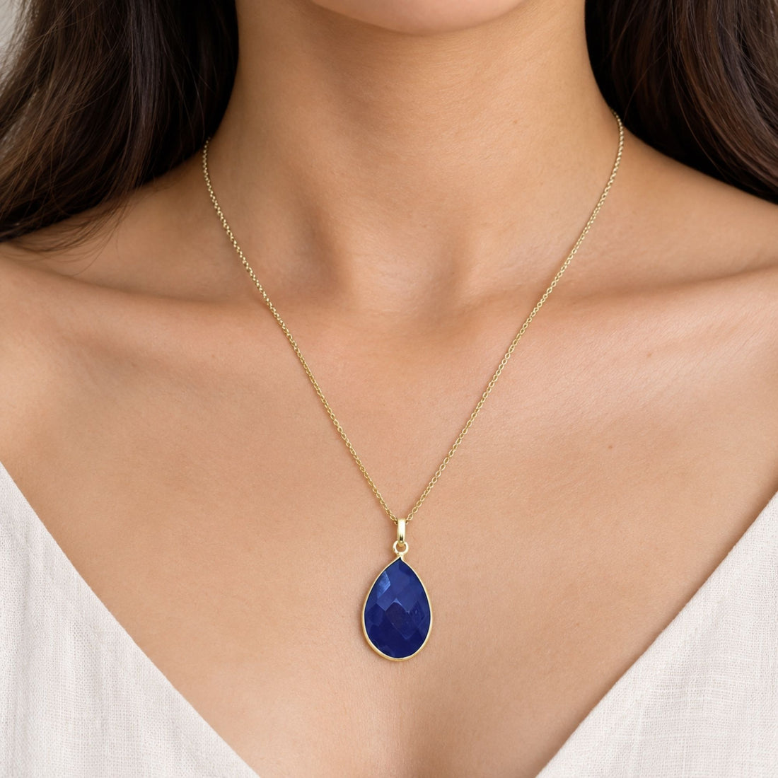 Blue Onyx Pendant Necklace, Gold Plated Pear Shape Gemstone Pendant, Lightweight Statement Jewelry, Gift for Her