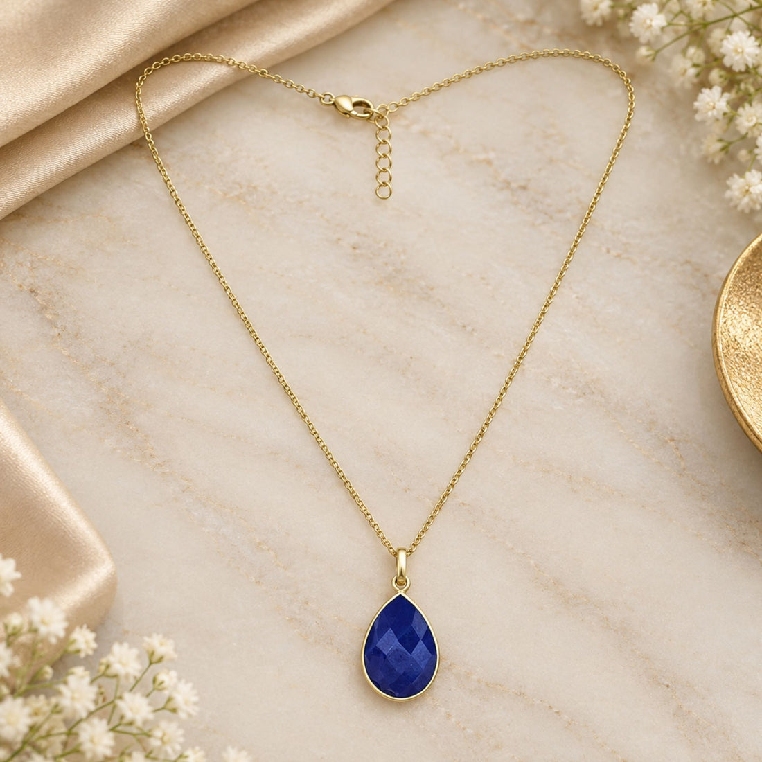 Blue Onyx Pendant Necklace, Gold Plated Pear Shape Gemstone Pendant, Lightweight Statement Jewelry, Gift for Her