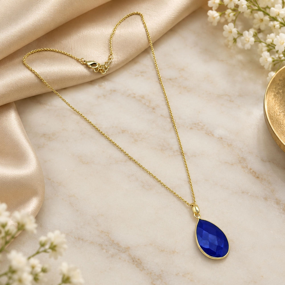Blue Onyx Pendant Necklace, Gold Plated Pear Shape Gemstone Pendant, Lightweight Statement Jewelry, Gift for Her