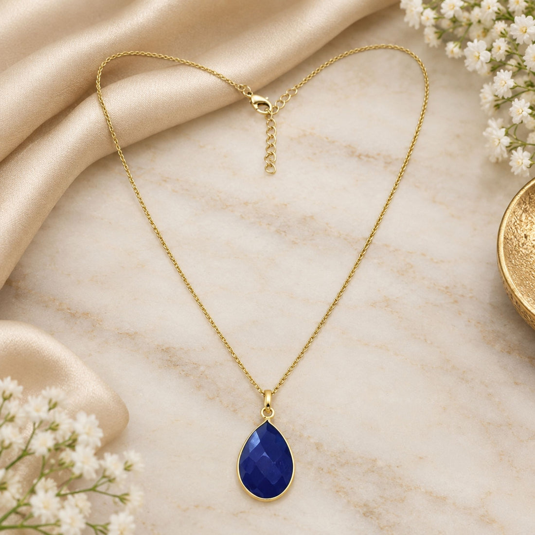 Blue Onyx Pendant Necklace, Gold Plated Pear Shape Gemstone Pendant, Lightweight Statement Jewelry, Gift for Her