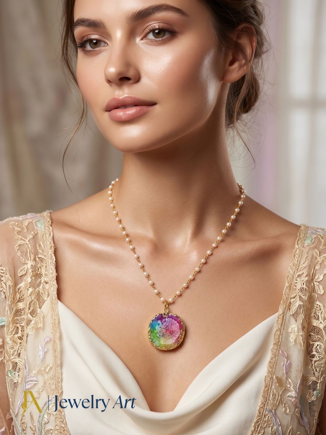 Fashion multicolor solar quartz pendant with pearl gold plated necklace
