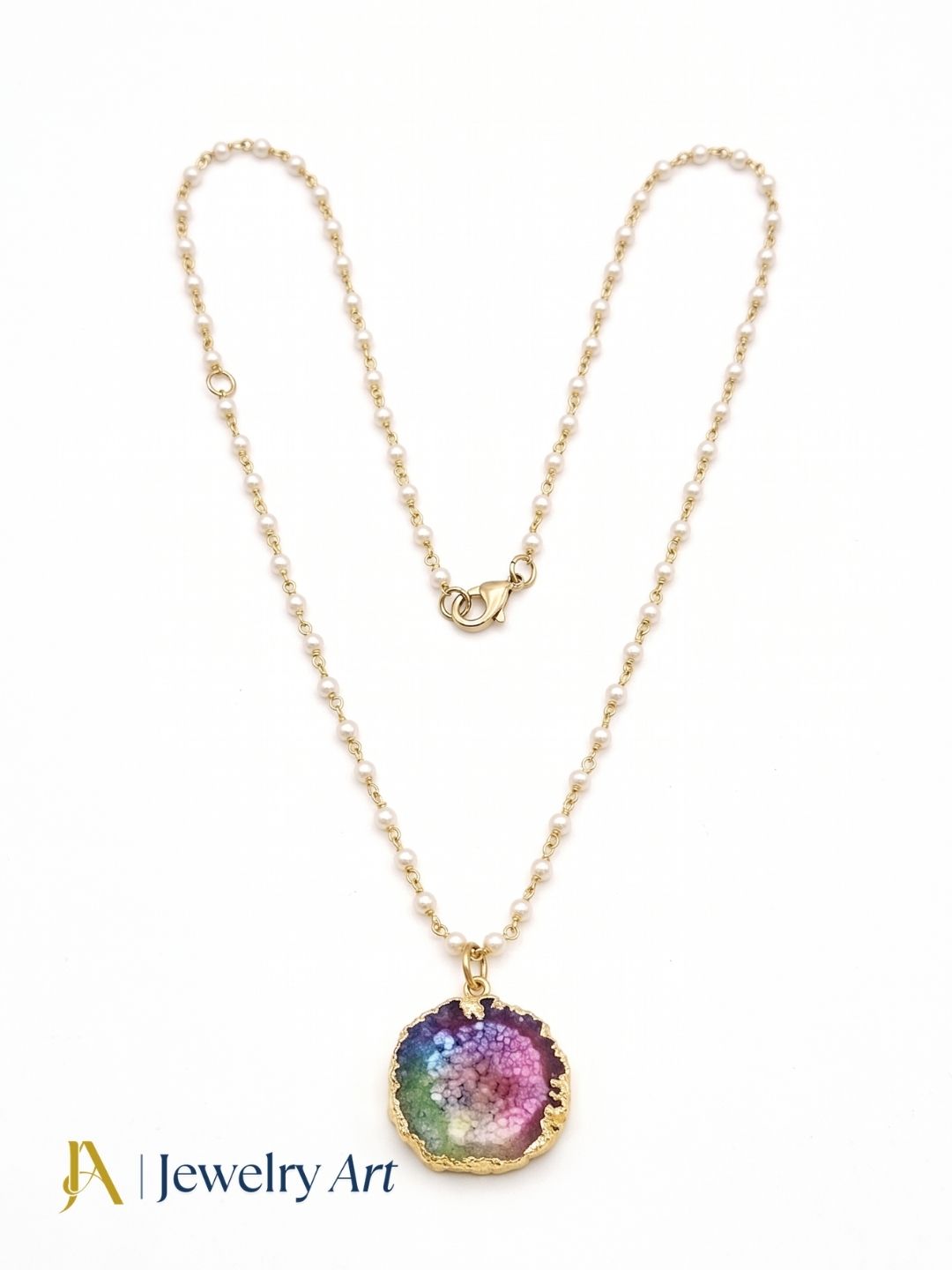 Fashion multicolor solar quartz pendant with pearl gold plated necklace
