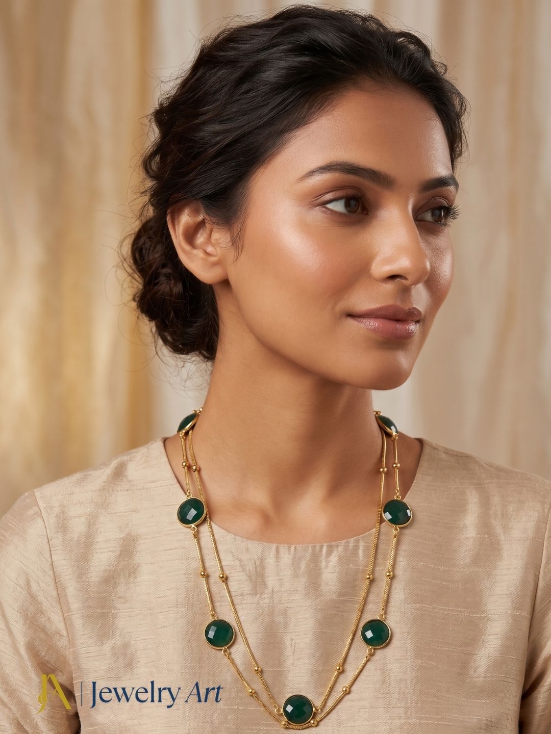 Awesome Handcrafted Gold plated Faceted Green Onyx Gem Stones Bezel Designer Light weight long Chain Necklace