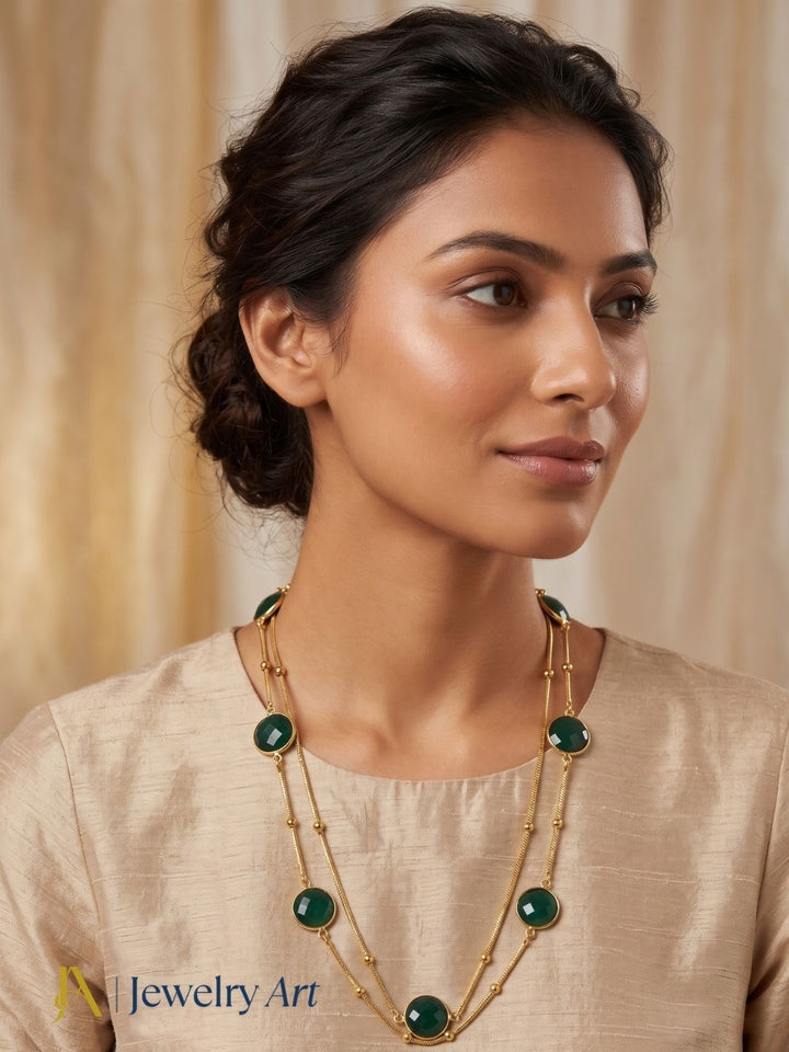 Awesome Handcrafted Gold plated Faceted Green Onyx Gem Stones Bezel Designer Light weight long Chain Necklace