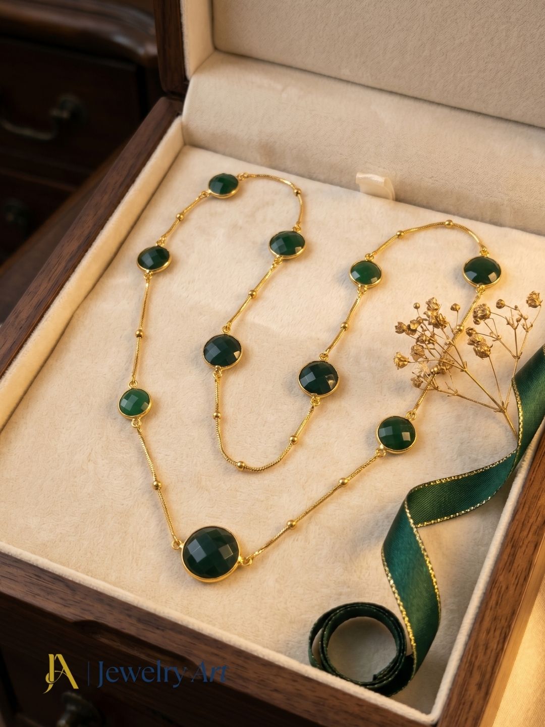 Awesome Handcrafted Gold plated Faceted Green Onyx Gem Stones Bezel Designer Light weight long Chain Necklace
