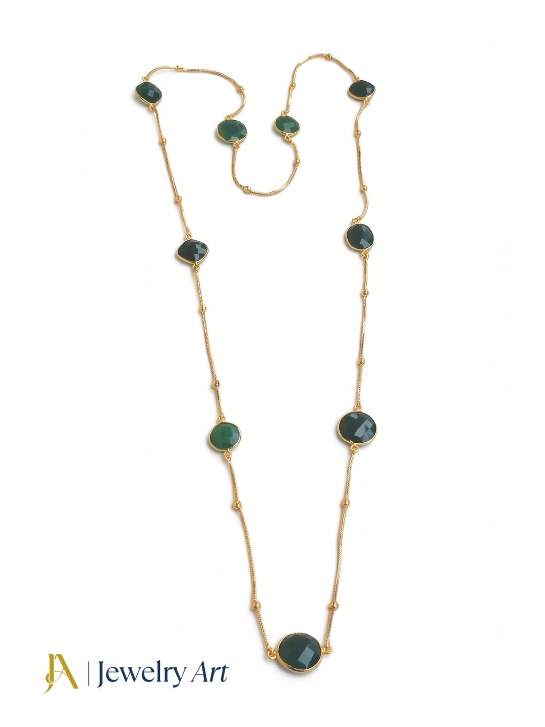Awesome Handcrafted Gold plated Faceted Green Onyx Gem Stones Bezel Designer Light weight long Chain Necklace