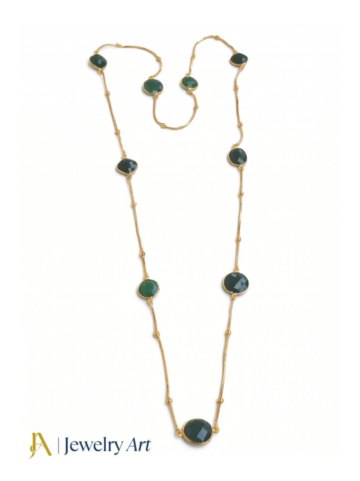 Awesome Handcrafted Gold plated Faceted Green Onyx Gem Stones Bezel Designer Light weight long Chain Necklace