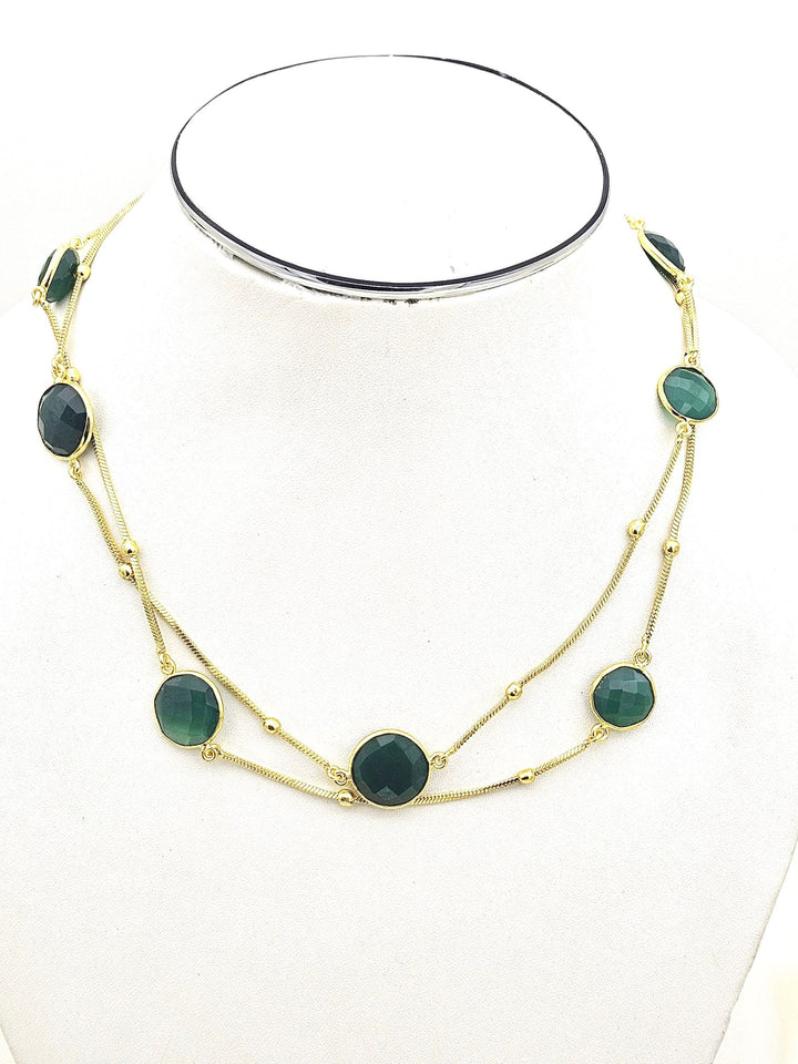 Awesome Handcrafted Gold plated Faceted Green Onyx Gem Stones Bezel Designer Light weight long Chain Necklace