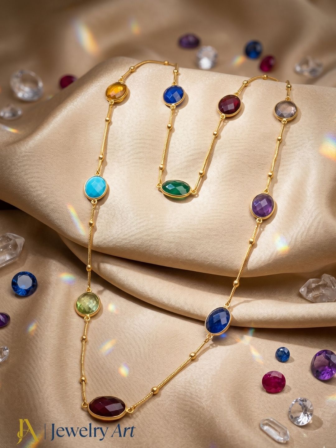 Golden long chain necklace with faceted multicolor bezel stones designer jewelry

