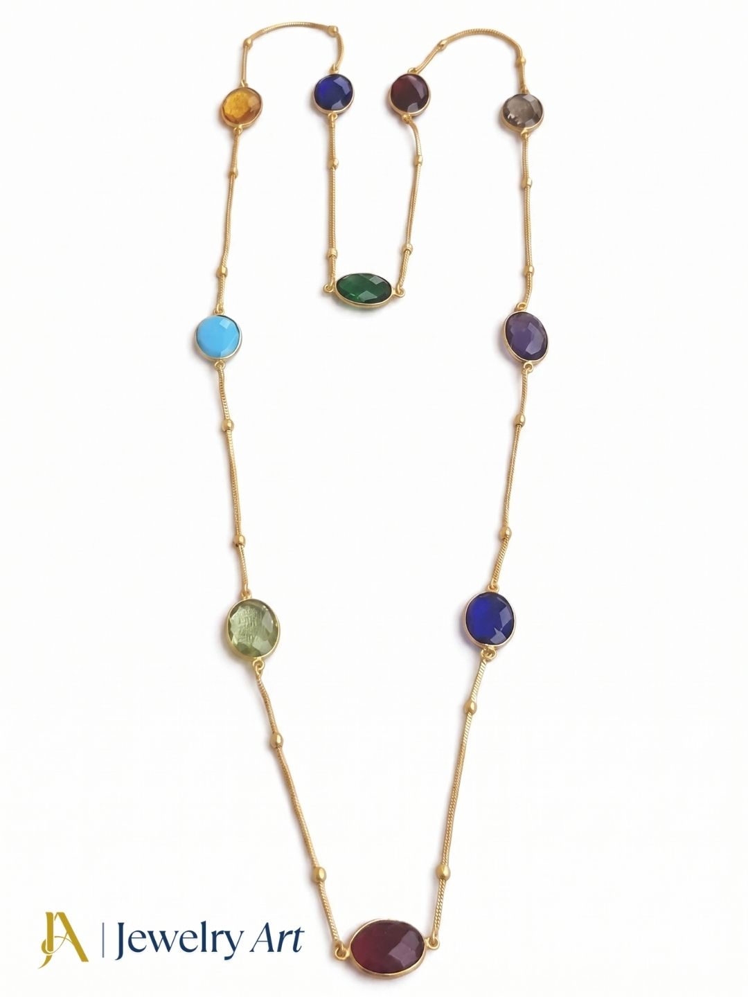 Golden long chain necklace with faceted multicolor bezel stones designer jewelry
