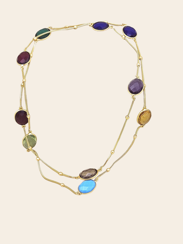 Awesome Handcrafted Golden Faceted Multi Color Stones Bezel Designer Light weight long Chain Necklace