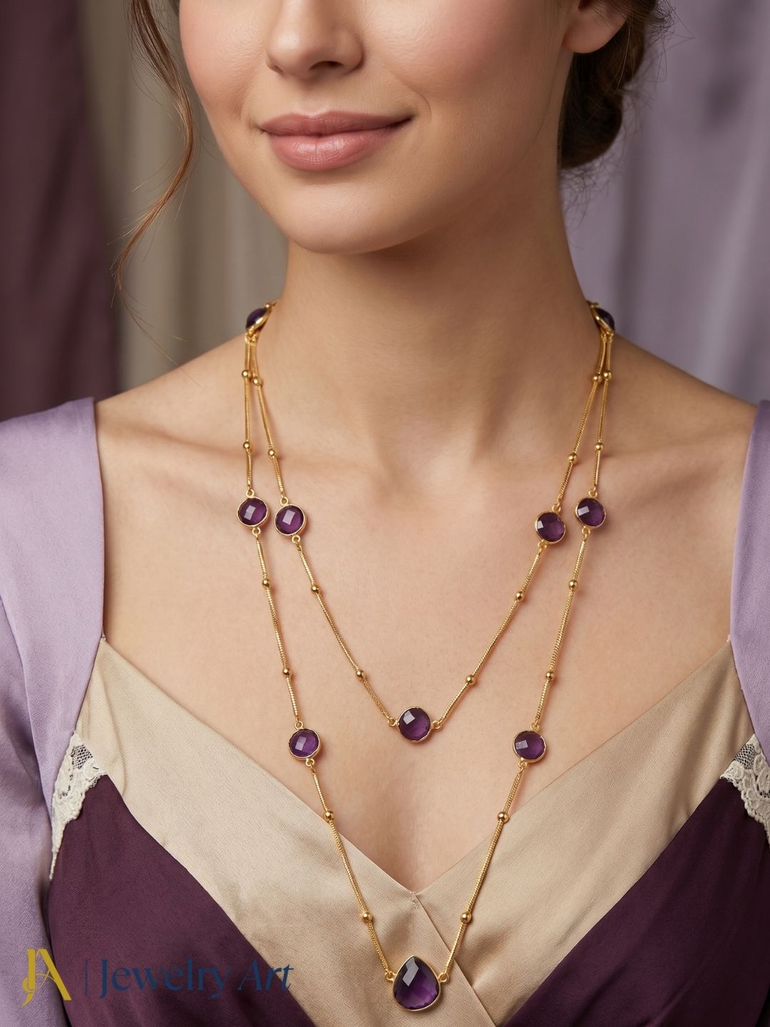 Faceted amethyst bezel necklace gold tone designer long chain jewelry
