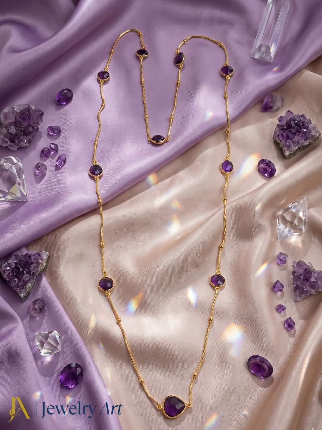 Faceted amethyst bezel necklace gold tone designer long chain jewelry
