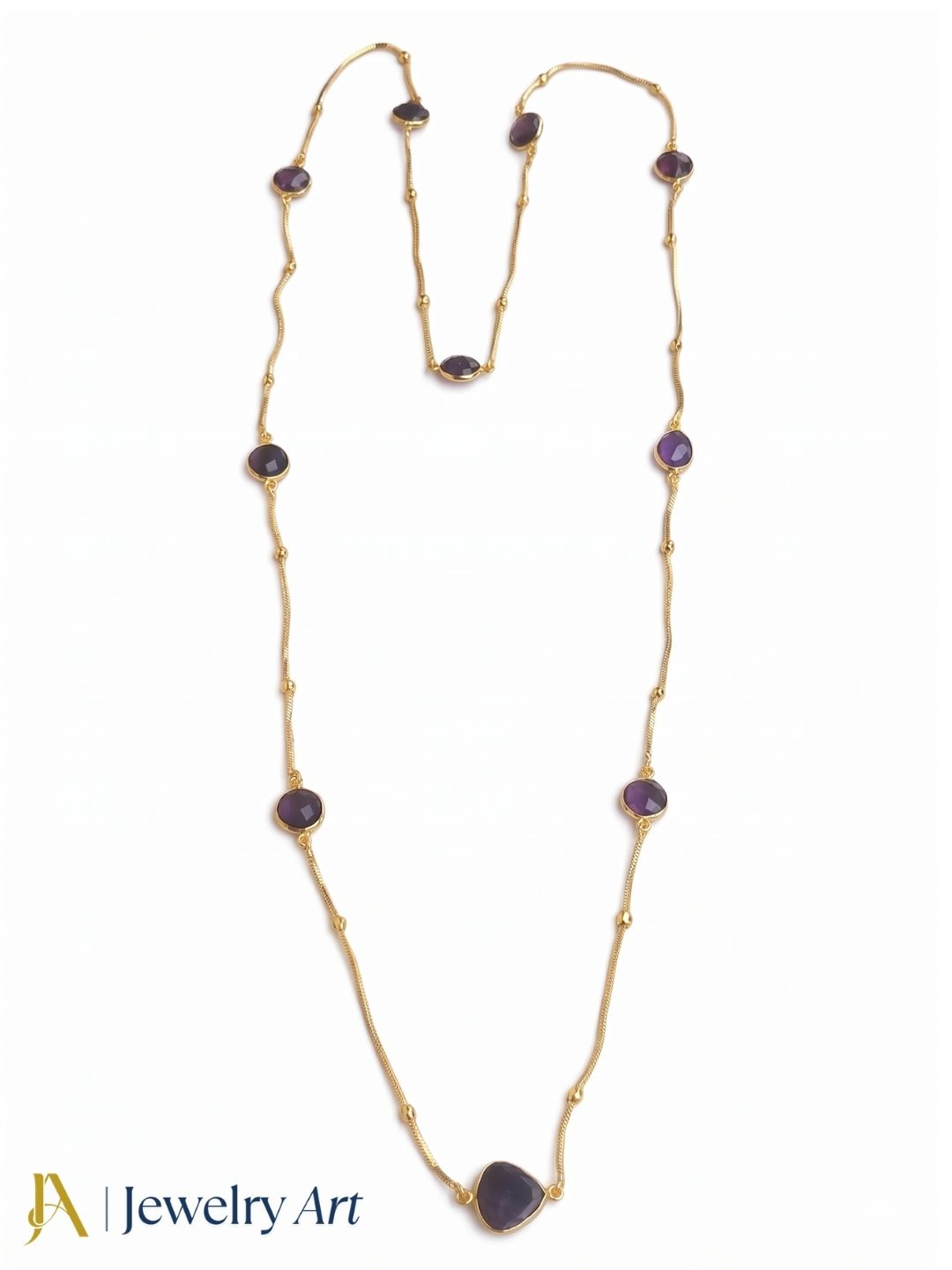 Faceted amethyst bezel necklace gold tone designer long chain jewelry
