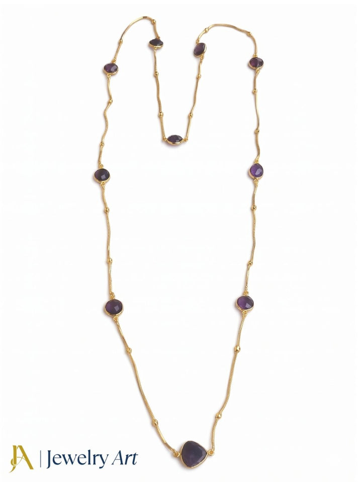 Faceted amethyst bezel necklace gold tone designer long chain jewelry
