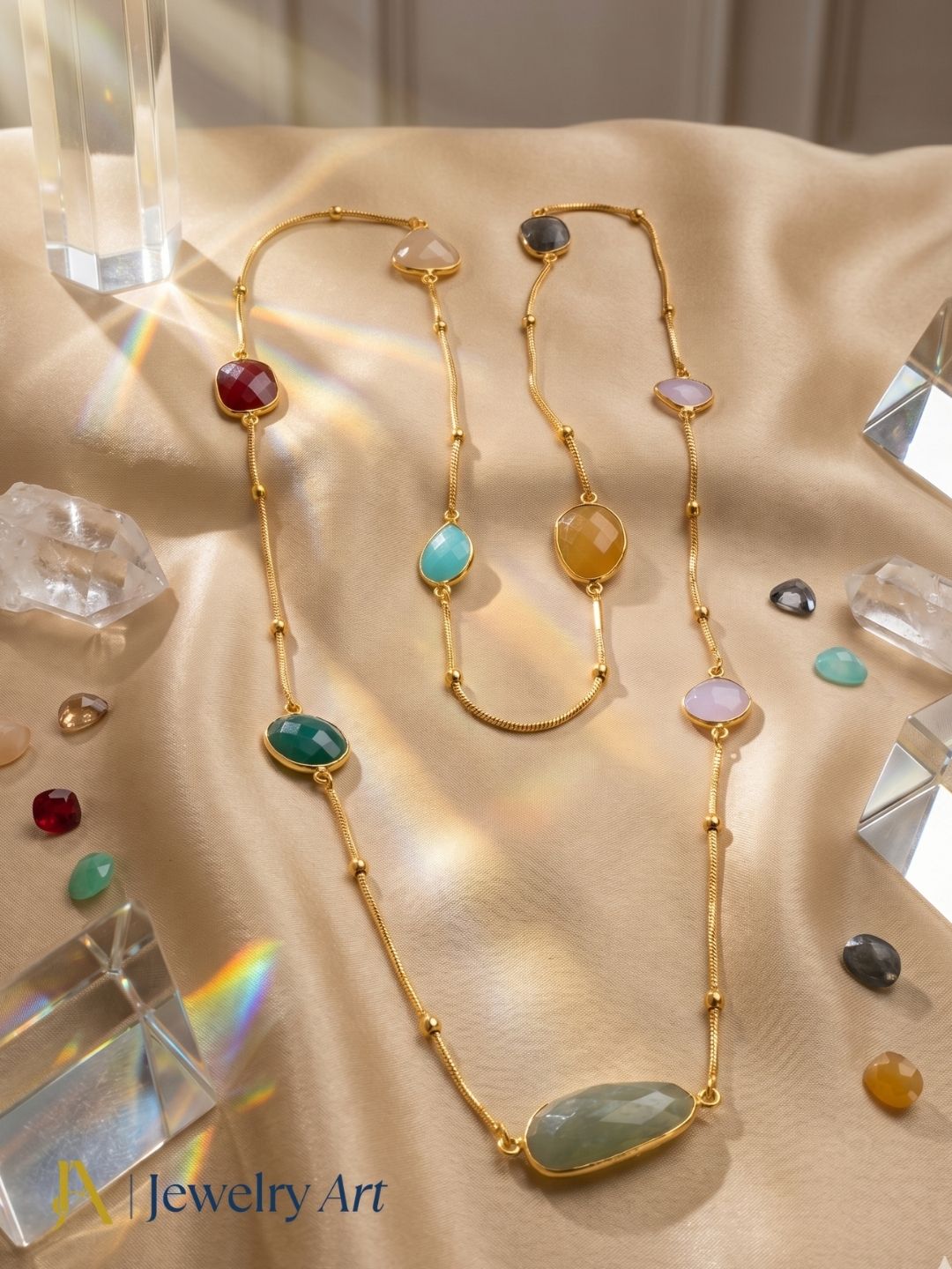 Artistic long chain necklace with faceted multicolor stone work

