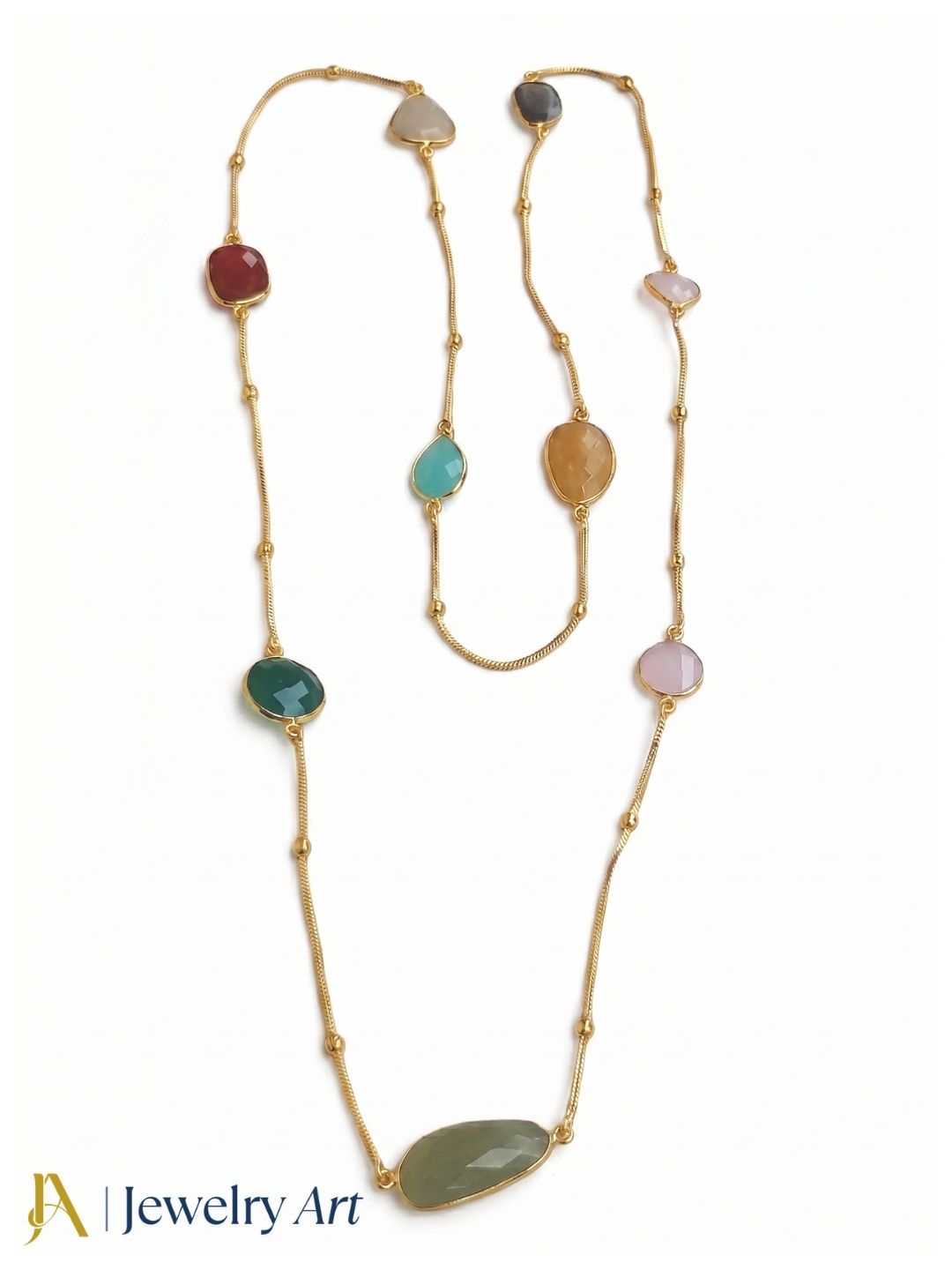 Artistic long chain necklace with faceted multicolor stone work
