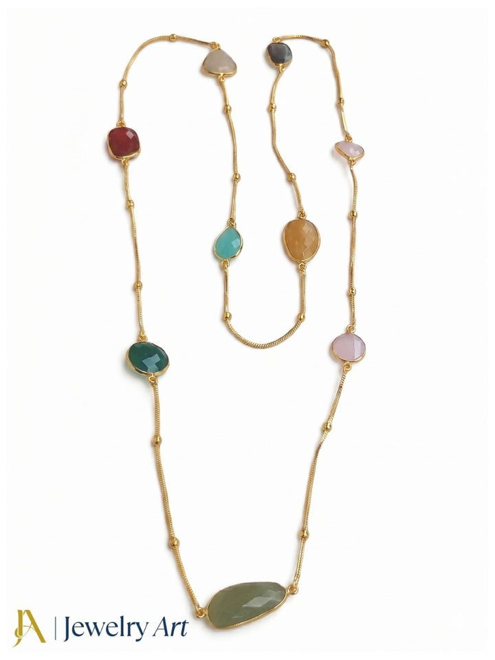 Artistic long chain necklace with faceted multicolor stone work
