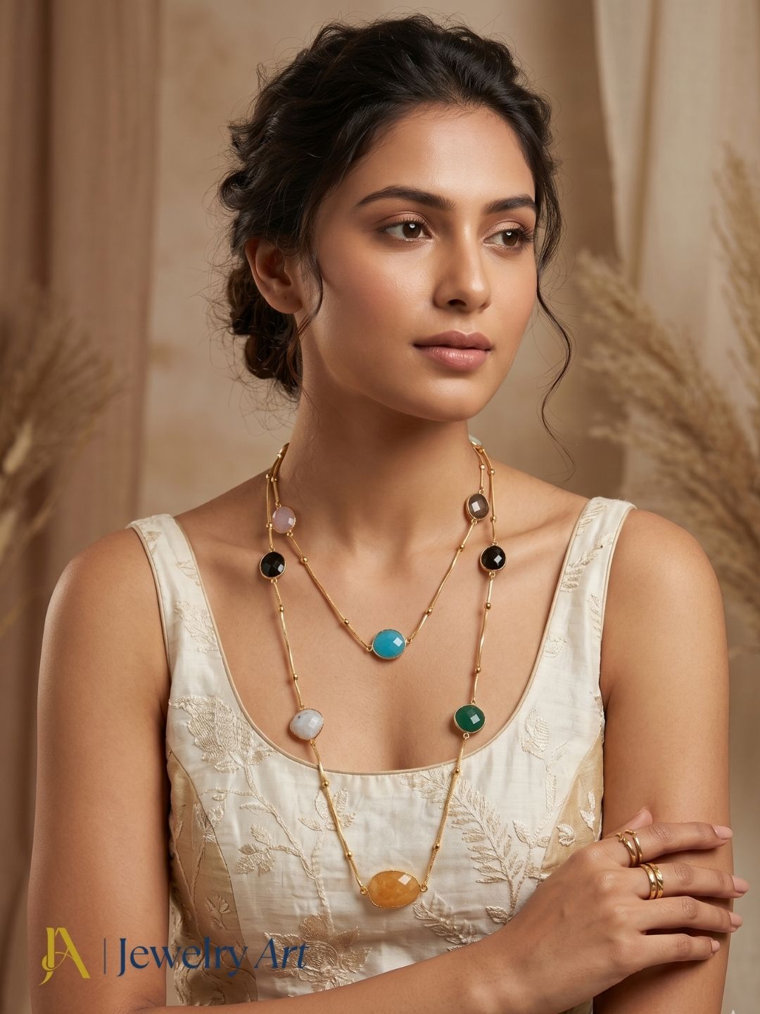 Premium handcrafted multicolor stone necklace elegant long chain design
