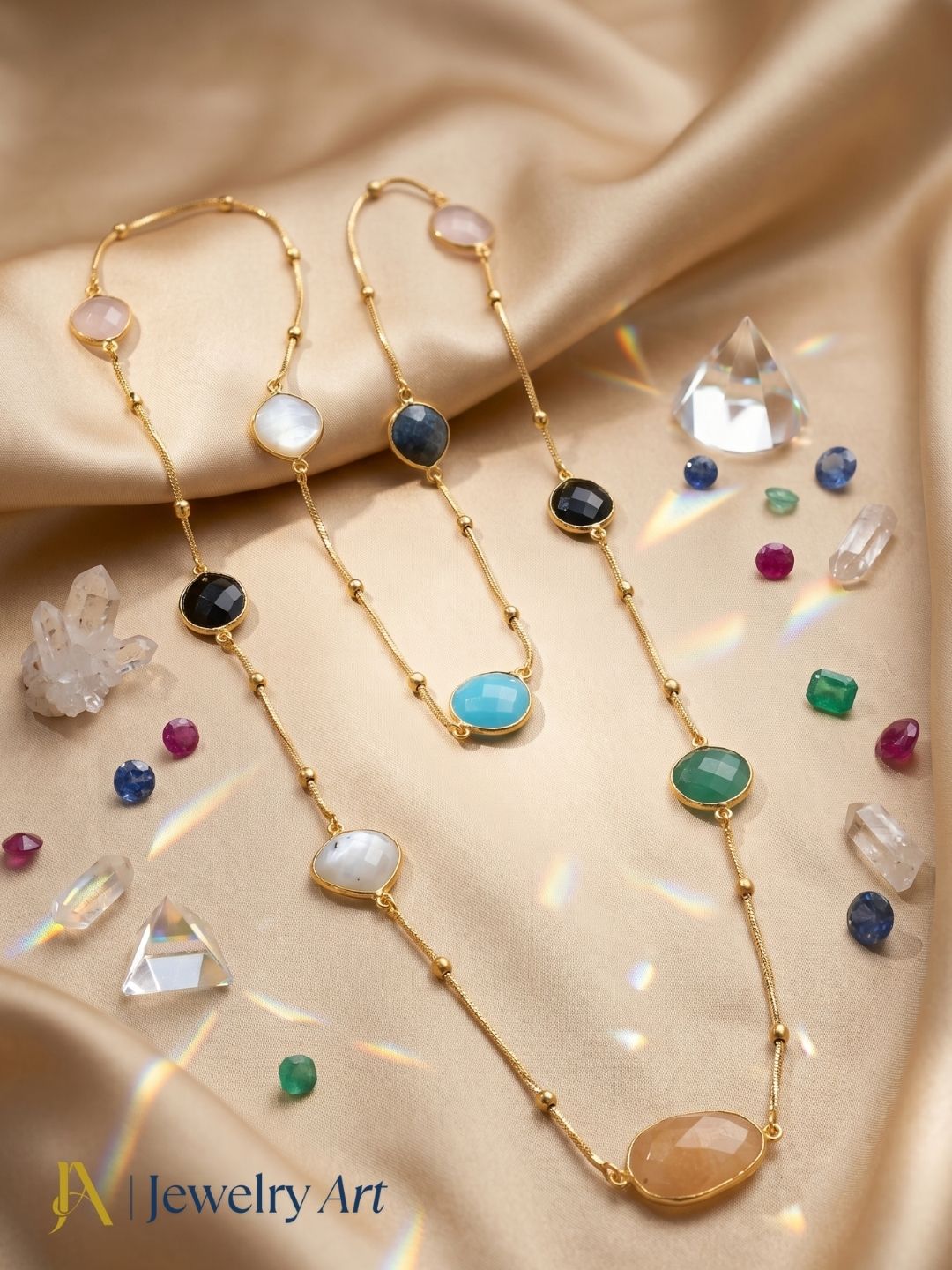 Premium handcrafted multicolor stone necklace elegant long chain design
