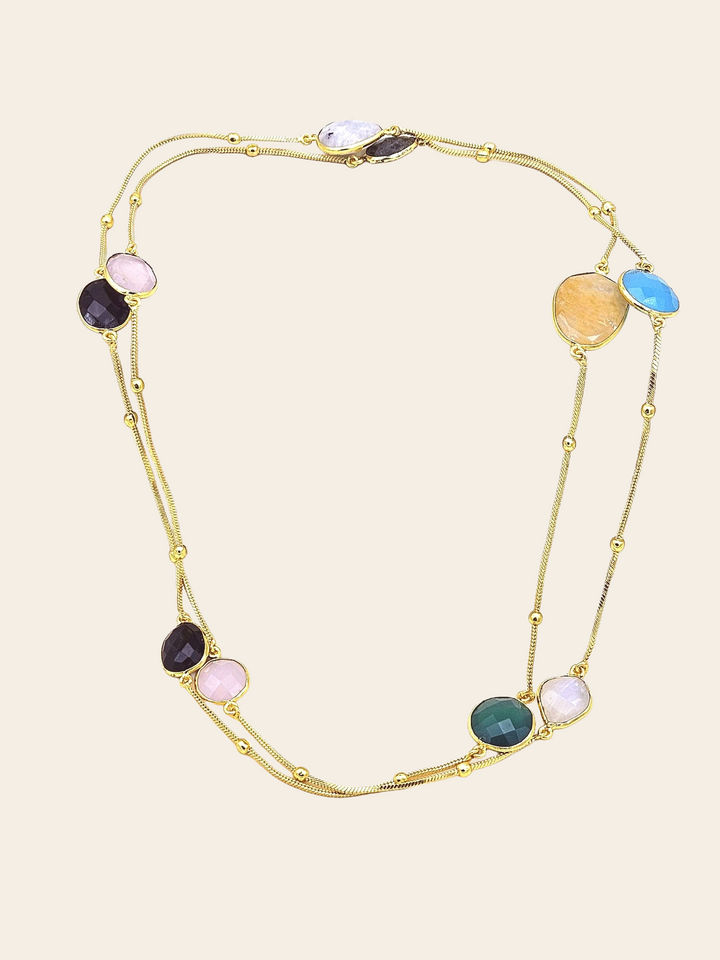 Awesome Handcrafted Gold plated Multi Color Faceted Gem Stones Bezel Designer Light weight long Chain Necklace