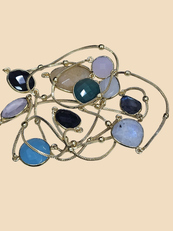 Awesome Handcrafted Gold plated Multi Color Faceted Gem Stones Bezel Designer Light weight long Chain Necklace