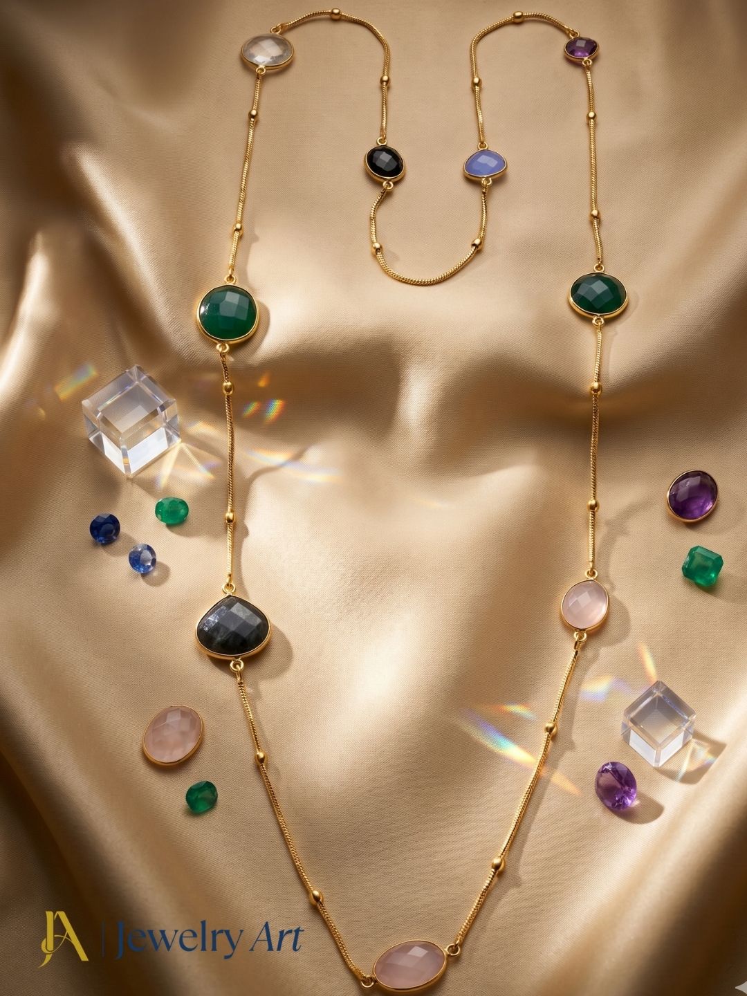 Designer golden bezel necklace with faceted multi color stone detailing
