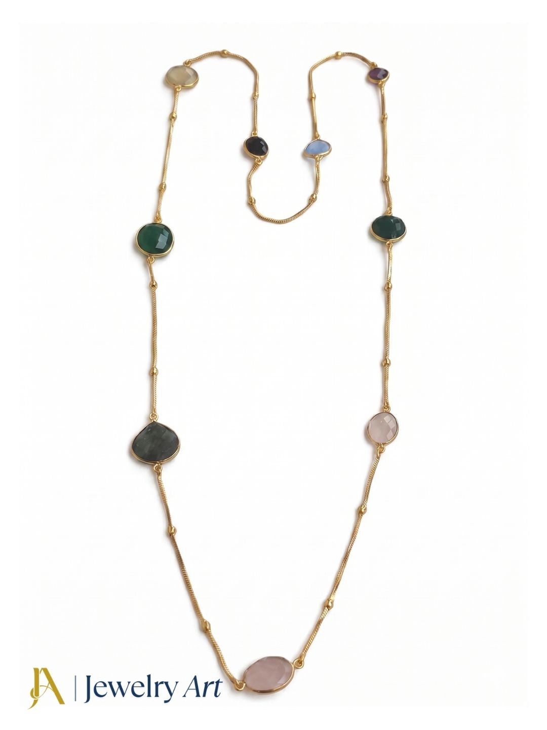 Designer golden bezel necklace with faceted multi color stone detailing

