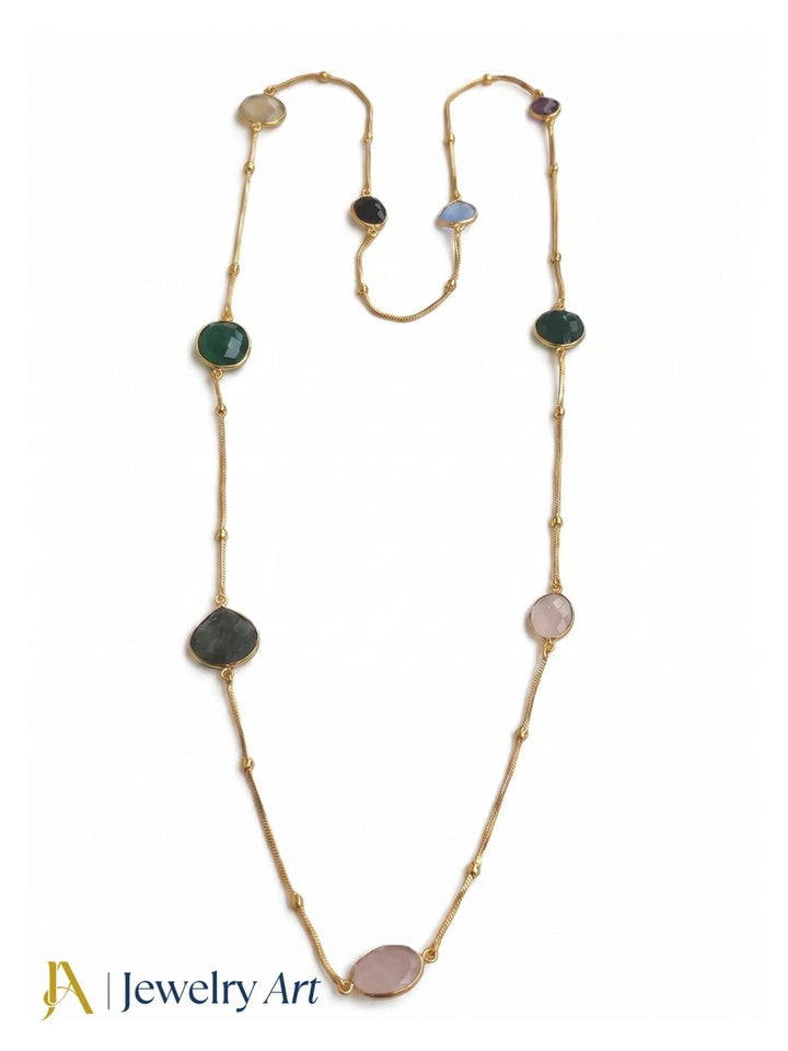 Designer golden bezel necklace with faceted multi color stone detailing
