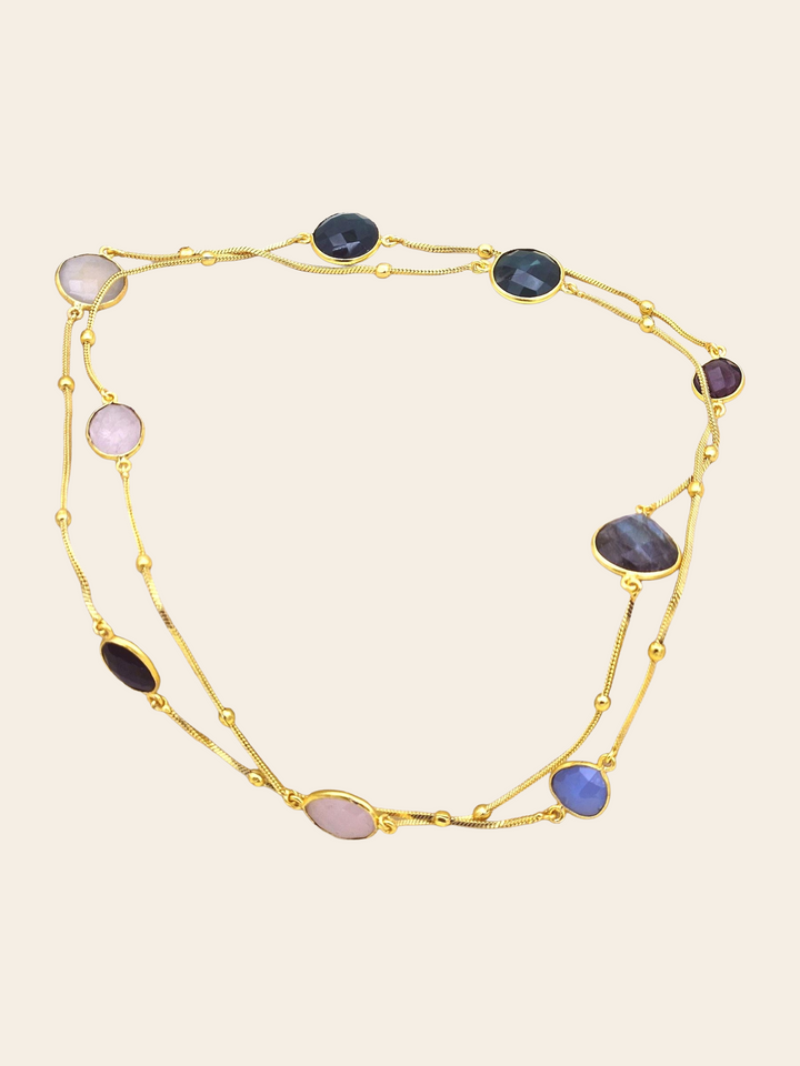 Awesome Handcrafted Gold plated Multi Color Faceted Gem Stones Bezel Designer Light weight long Chain Necklace