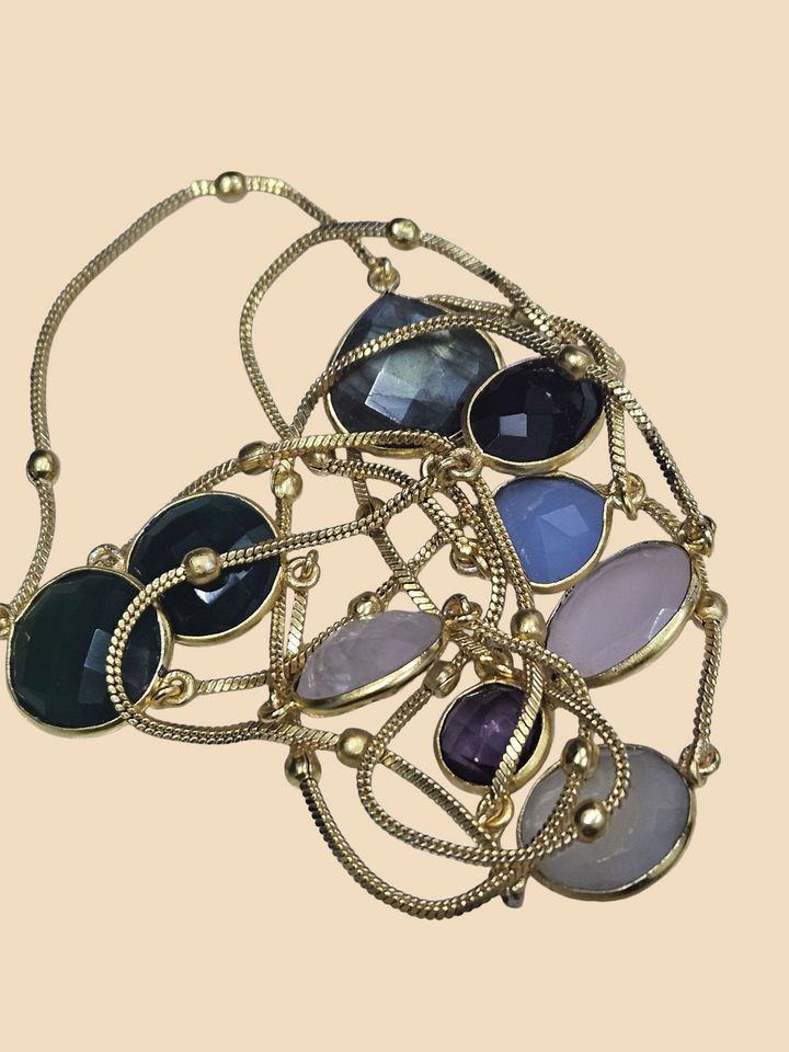 Awesome Handcrafted Gold plated Multi Color Faceted Gem Stones Bezel Designer Light weight long Chain Necklace