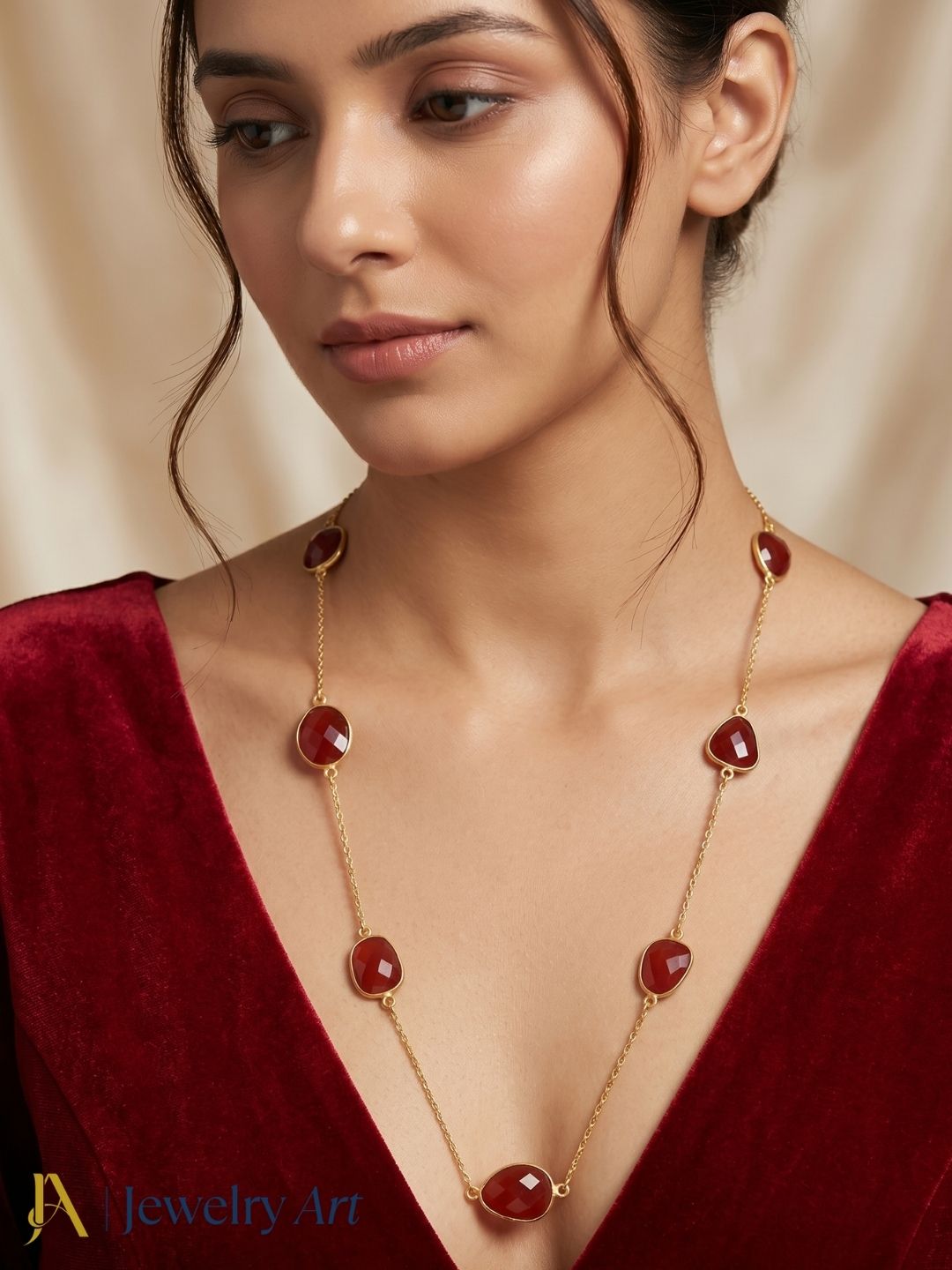 Modern red onyx gemstone long chain necklace handcrafted matte gold design
