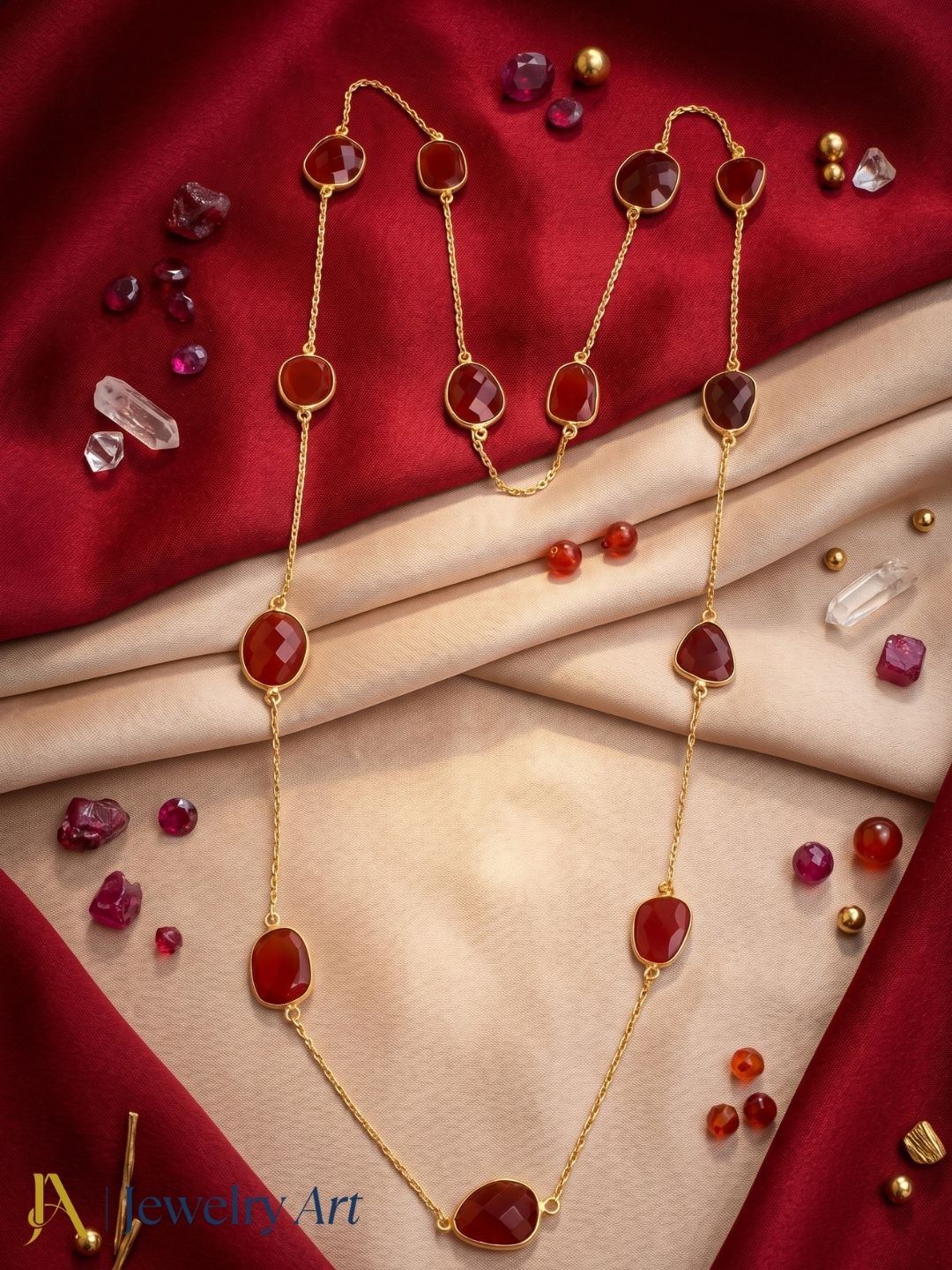 Modern red onyx gemstone long chain necklace handcrafted matte gold design

