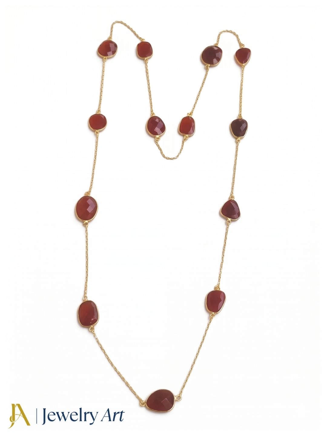 Modern red onyx gemstone long chain necklace handcrafted matte gold design
