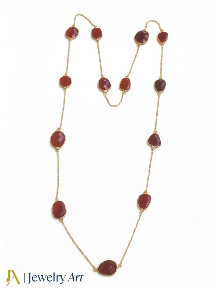Modern red onyx gemstone long chain necklace handcrafted matte gold design
