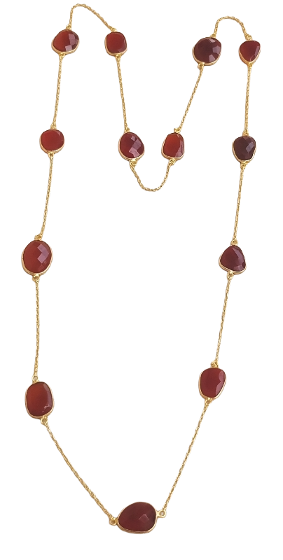 Charming Handcrafted Matte Finish Golden Faceted Red Onyx Stones Bezel Designer Light weight long Chain Necklace