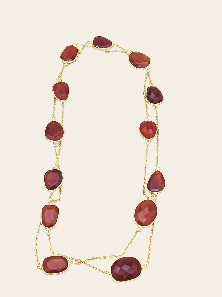 Charming Handcrafted Matte Finish Golden Faceted Red Onyx Stones Bezel Designer Light weight long Chain Necklace