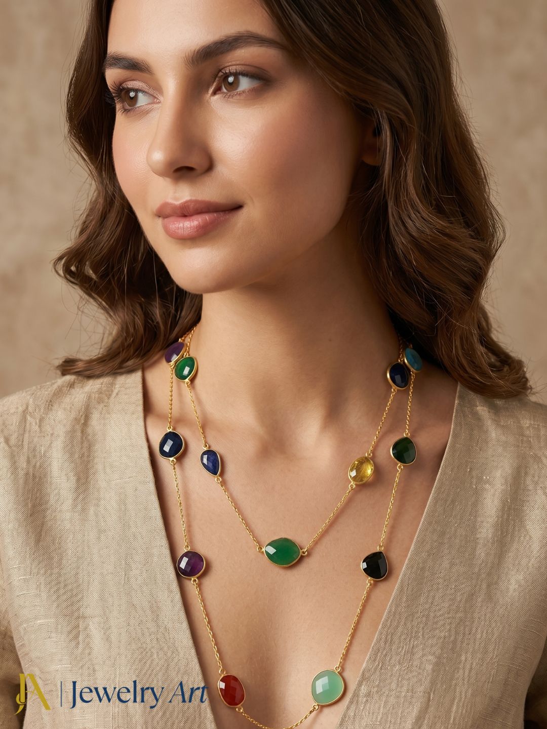 Fashion matte gold plated necklace with faceted colorful stones

